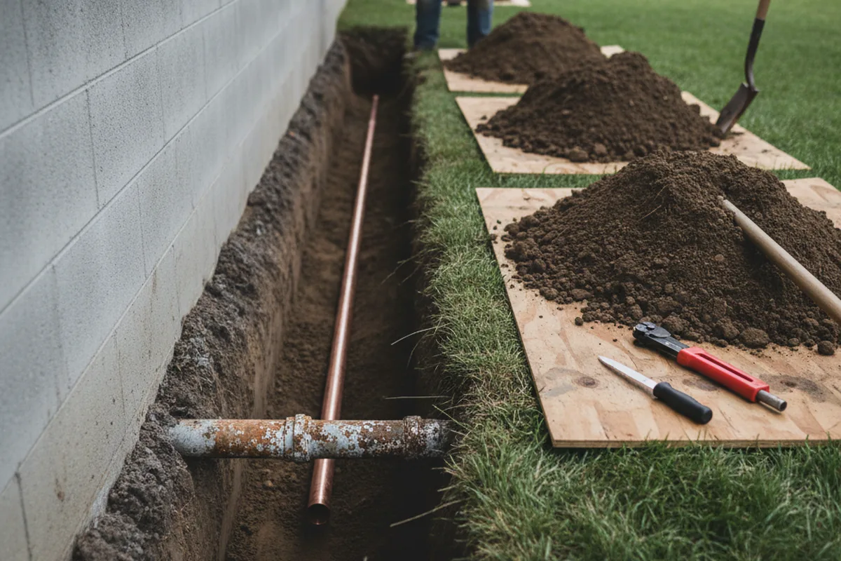 Excavated water line trench during Water Softener Installation in Sheldon